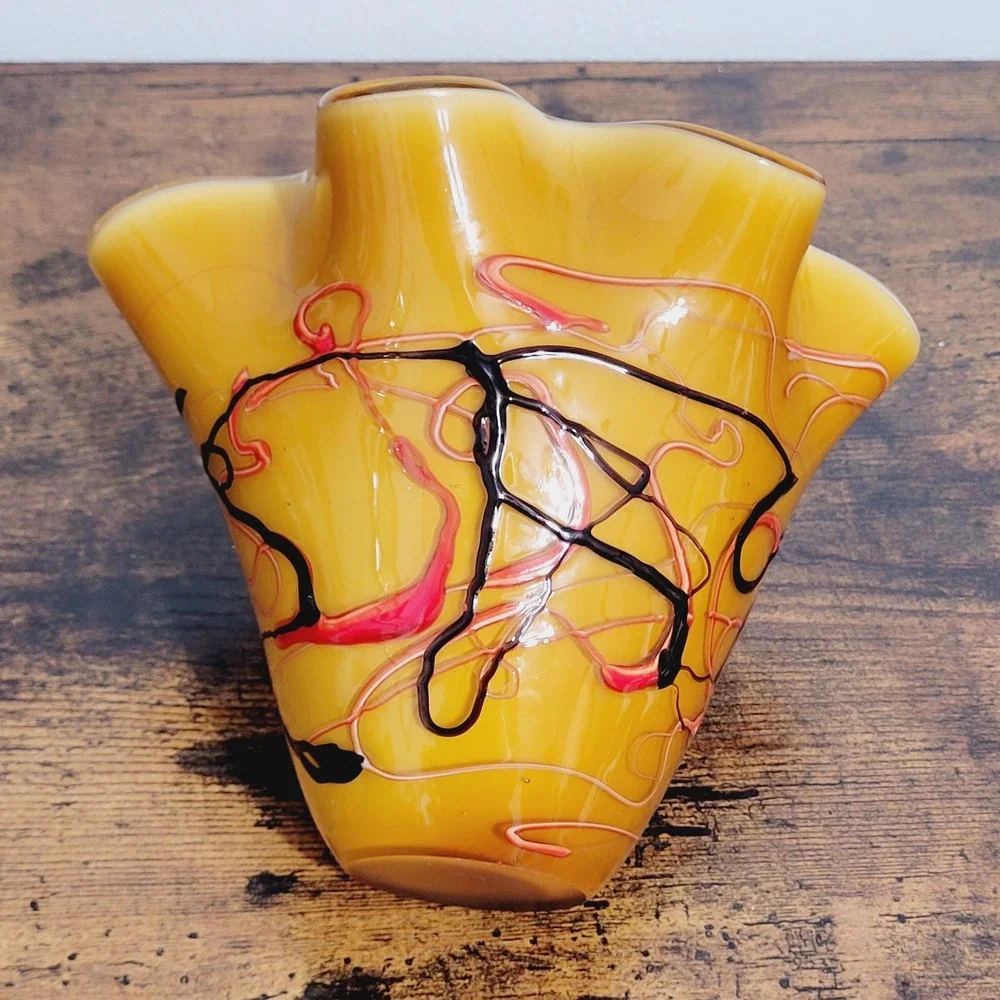 Yellow Art Glass Fluted Handkerchief Vase Art Glass Art Deco Yellow Red‎ Black
